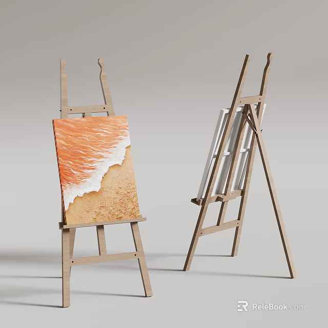 Wooden Art Easels With Canvas Featuring Orange Wave Sand Painting And Blank Boards 3d model 