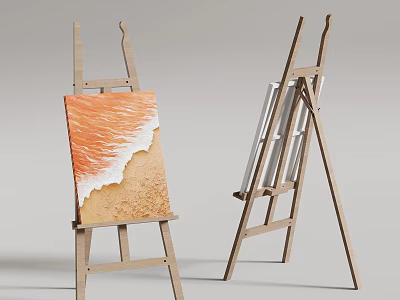 Wooden Art Easels With Canvas Featuring Orange Wave Sand Painting And Blank Boards 3d model