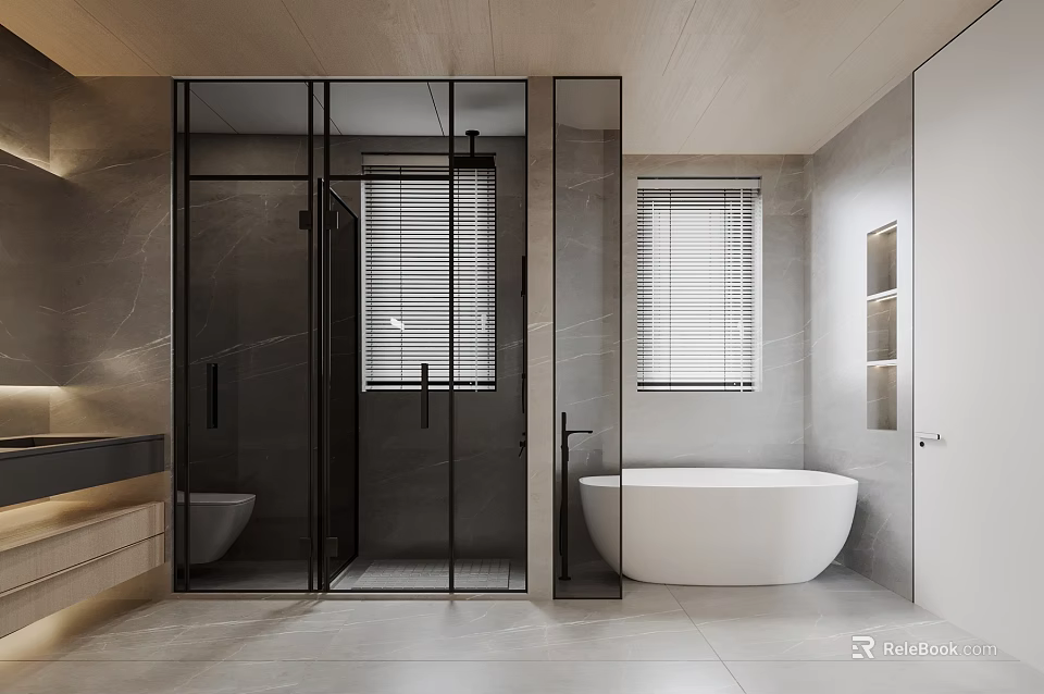 Modern Bathroom Interior Design With Glass Shower Enclosure White Bathtub And Window Blinds 3d model 