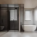 Modern Bathroom Interior Design With Glass Shower Enclosure White Bathtub And Window Blinds