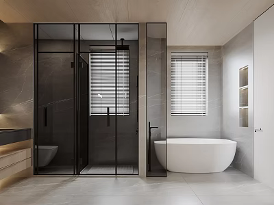 Modern Bathroom Interior Design With Glass Shower Enclosure White Bathtub And Window Blinds 3d model