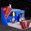 Exhibition Booth With Blue Structure Red Triangle Decoration Gaming Chairs Display Screens And Tables