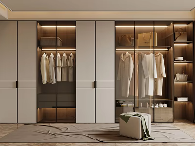 Sleek Modern Wardrobe With Glass Doors Hanging Clothes And Storage Compartments 3d model