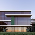 Modern Commercial Street Architecture With Glass Facade And Green Lawn Outdoor Space