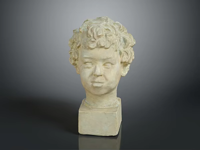 Detailed Plaster Child Head Sculpture With Curly Hair On Square Base Displayed On Dark Background 3d model
