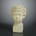 Detailed Plaster Child Head Sculpture With Curly Hair On Square Base Displayed On Dark Background
