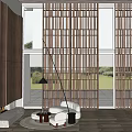 Modern Living Room Interior With Large Windows Wooden Slat Partition Sofa And Floor Lamp