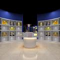 Exhibition Hall Interior Design With Red Blue Walls Display Posters White Counters And Marble Floors