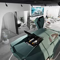 Modern Car Showroom Interior Featuring Green Sports Car With Open Hood Displaying Engine And Sofas