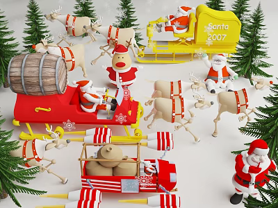 Festive Christmas Decorative Items Including Santa Reindeer Sleigh And Trees 3d model