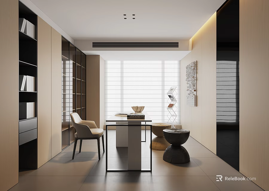 Modern Study Room Interior Design With Bookshelves Writing Desk And Window Blinds 3d model 