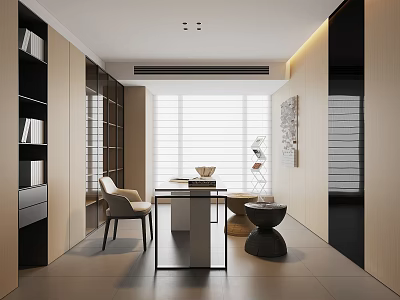 Modern Study Room Interior Design With Bookshelves Writing Desk And Window Blinds 3d model