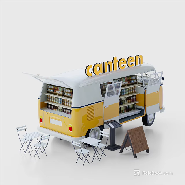 Yellow and White Canteen Van with Open Doors Shelves Items Foldable Tables Chairs and Signboard 3d model 