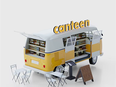 Yellow and White Canteen Van with Open Doors Shelves Items Foldable Tables Chairs and Signboard 3d model