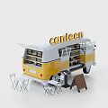 Yellow and White Canteen Van with Open Doors Shelves Items Foldable Tables Chairs and Signboard