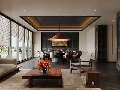 Luxury Private Box Interior Design With Dining Chairs Pendant Lamp And Wall Painting 3d model