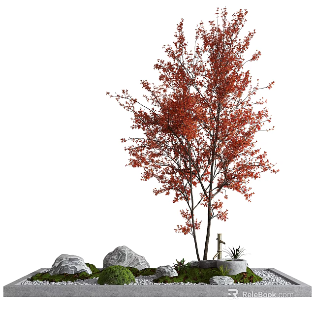 Garden Decorative Setup With Red Leaf Tree Stones Grass And Small Sculpture 3d model