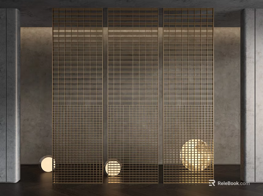 Golden Grid Room Divider Enhancing Modern Interior With Soft Lighting And Concrete Walls 3d model 
