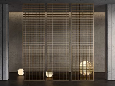 Golden Grid Room Divider Enhancing Modern Interior With Soft Lighting And Concrete Walls 3d model