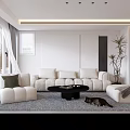 Modern Living and Dining Room Interior With White Sofa Coffee Table Plant and Built-in Cabinets