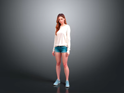 A woman wearing white long-sleeve top blue denim shorts light blue shoes against gray background 3d model