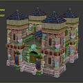 Cartoon Style Castle Model With Blue Spires Stone Towers Porch Steps And Blue Banners