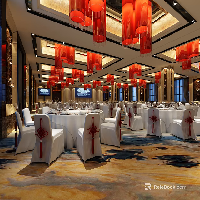 Luxurious Banquet Hall Interior With Red Lanterns White Tables And Chairs 3d model 