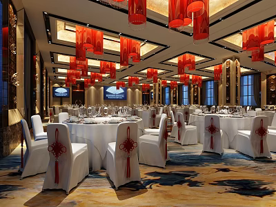 Luxurious Banquet Hall Interior With Red Lanterns White Tables And Chairs 3d model