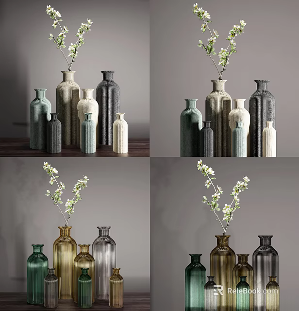 Green Gray Gold And White Vases In Various Sizes With Small Blossom Branches 3d model 