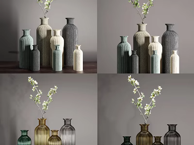 Green Gray Gold And White Vases In Various Sizes With Small Blossom Branches 3d model