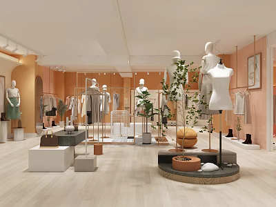 Modern Clothing Store Interior With Mannequins Racks Apparel And Green Plants 3d model