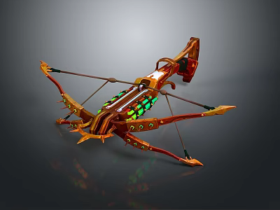 Futuristic Crossbow Weapon Featuring Orange Metallic Frame And Green Glowing Mechanical Elements 3d model
