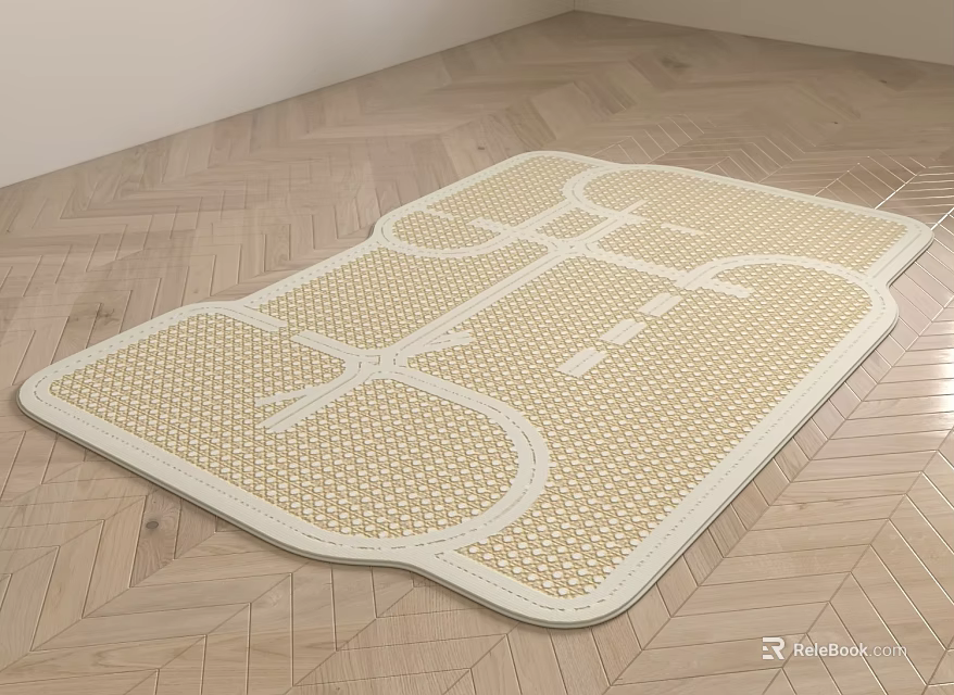 Stylish Rug With Unique Pattern On Herringbone Wood Floor 3d model
