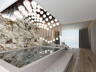 Modern Luxurious Hotel Guest Room Featuring Marble Wall Indoor Bathtub And Hanging Pendant Lights 3d model