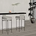 Minimalist Modern Interior Featuring Two Bar Stools Black Counter And Window Plant