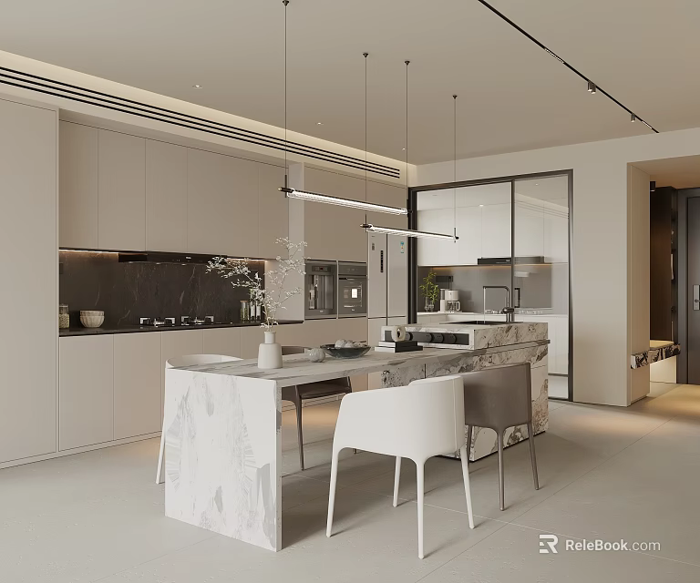 Modern Restaurant Kitchen Interior Design Open Concept With Marble Island White Cabinets And Hanging Lights 3d model 