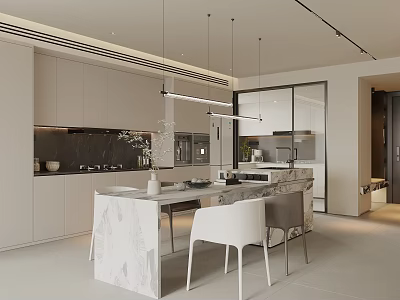 Modern Restaurant Kitchen Interior Design Open Concept With Marble Island White Cabinets And Hanging Lights 3d model