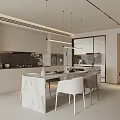 Modern Restaurant Kitchen Interior Design Open Concept With Marble Island White Cabinets And Hanging Lights