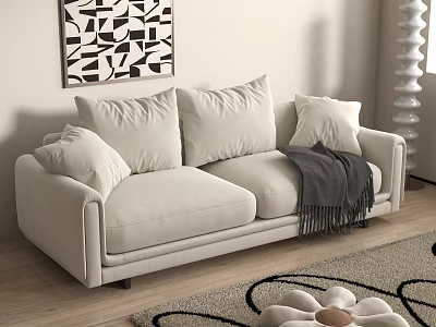 Light Beige Two Seater Sofa With Soft Cushions Cozy Throw Blanket Geometric Wall Art and Rug 3d model