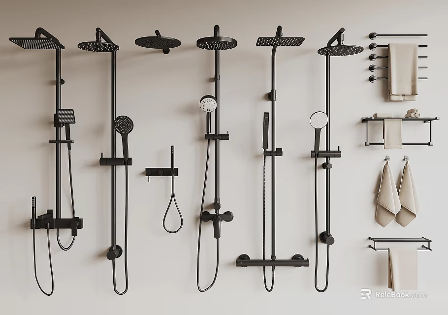 Wall Mounted Modern Black Shower Systems With Rainfall And Handheld Units Plus Towel Racks 3d model
