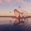 Stunning White Curved Structure With Person Sitting By Calm Water And Blue Sky Reflection