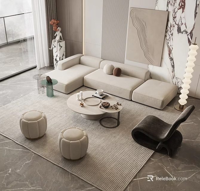 Beige L shaped Sofa and Circular Coffee Table Set with Stools Accent Chair Marble Wall 3d model