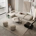 Beige L shaped Sofa and Circular Coffee Table Set with Stools Accent Chair Marble Wall 3d model