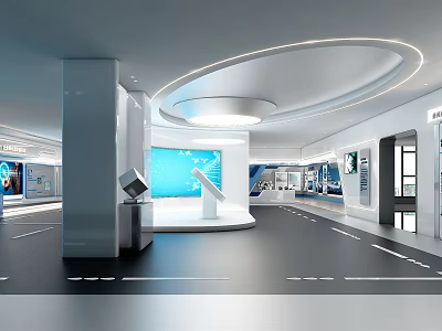 Modern Exhibition Hall Interior With Circular Light Strips White Platform Blue Screen And Display Cabinets 3d model