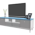 Modern Blue And Gray TV Stand With Drawers Open Shelves TV Vase And Photo Frames