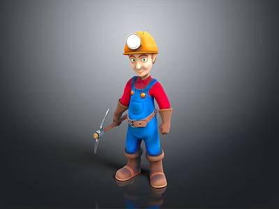Cartoon Miner Character Wearing Yellow Hard Hat And Blue Overalls With Pickaxe 3d model