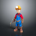 Cartoon Miner Character Wearing Yellow Hard Hat And Blue Overalls With Pickaxe