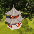 Octagonal double-layer small green tile ancient wooden structure pavilion with double eaves and pinnacle painted garden landscape gray tile two-layer ancient pavilion 3d model