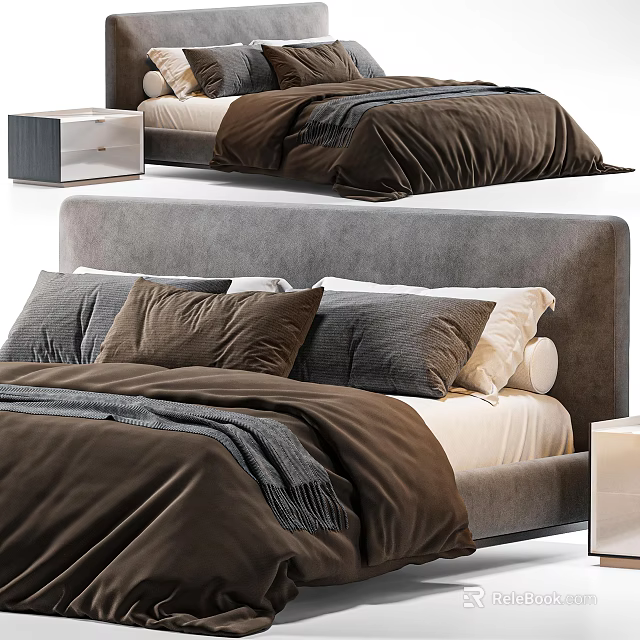 Modern Double Bed With Gray Headboard Brown Blanket And Gray Beige Decorative Pillows 3d model 
