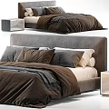 Modern Double Bed With Gray Headboard Brown Blanket And Gray Beige Decorative Pillows